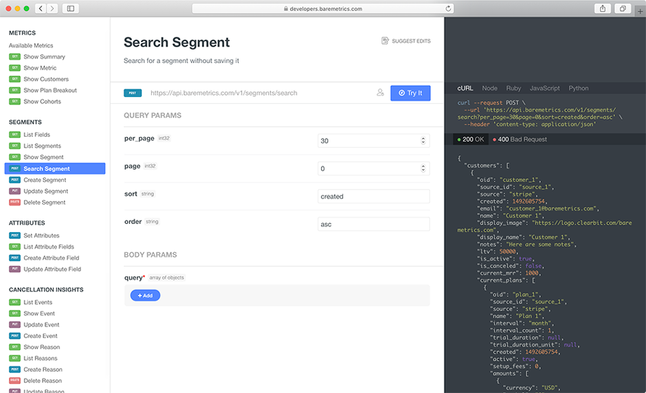 Screenshot of Baremetrics’s usage of ReadMe